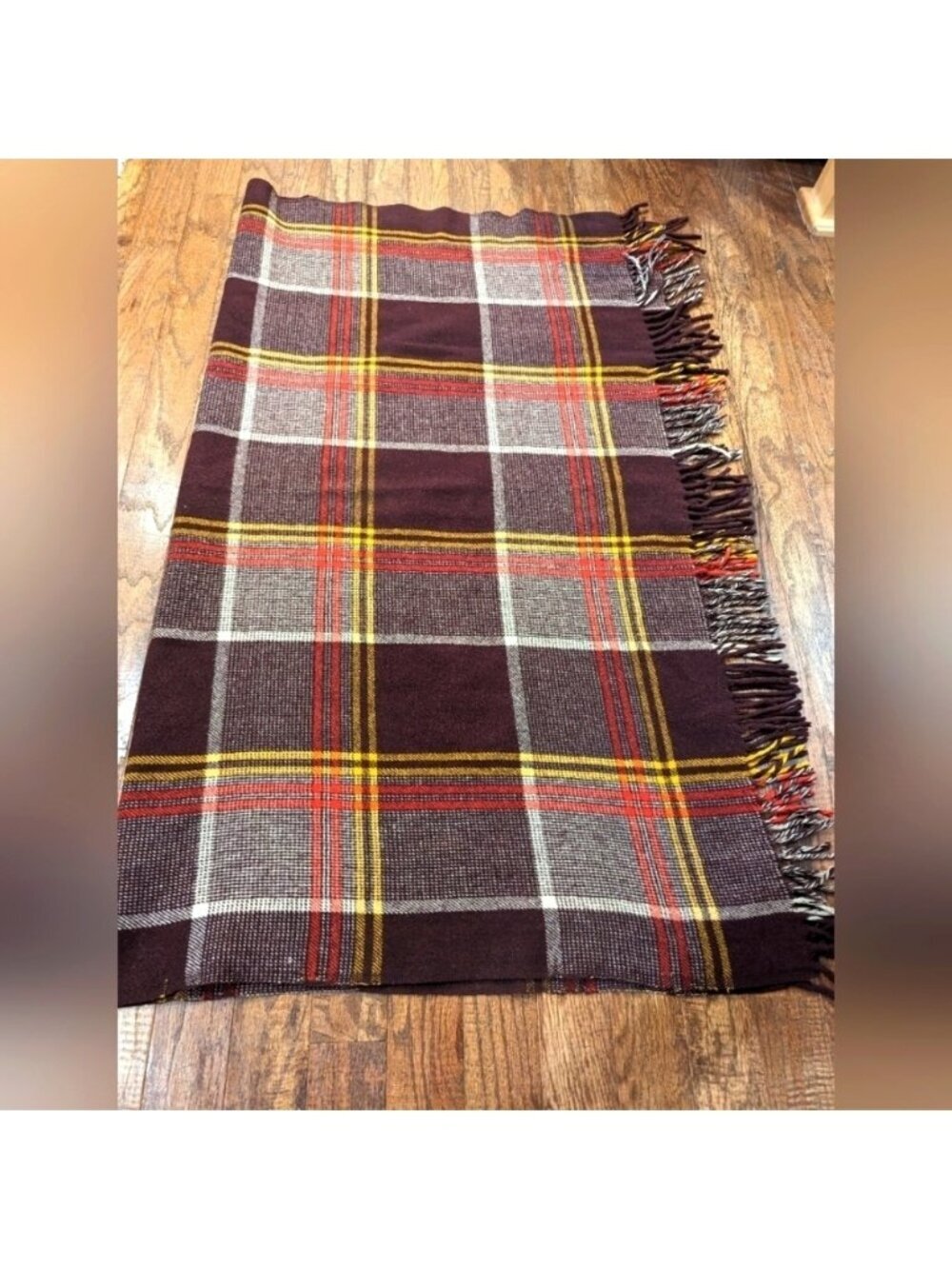 Vintage tartan 100% wool blanket, made in Scotland,  52"×60" Brown Yellow Red